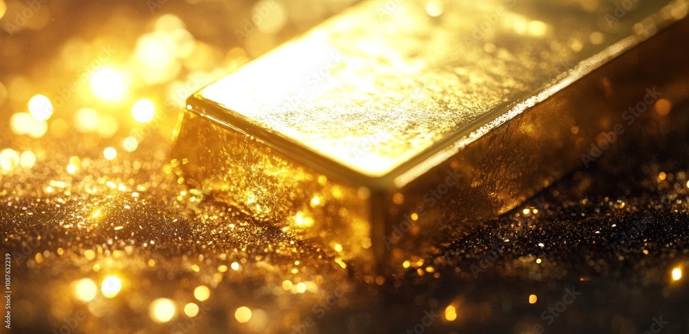 A close-up of a gold bar surrounded by shimmering particles. A close-up of a gold bar surrounded by shimmering particles.