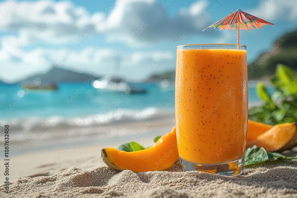 Refreshing fruit smoothie in a glass, garnished with a paper umbrella, on a sandy beach with the ocean and distant boats beyond. Refreshing fruit smoothie in a glass, garnished with a paper umbrella, on a sandy beach with the ocean and distant boats beyond.