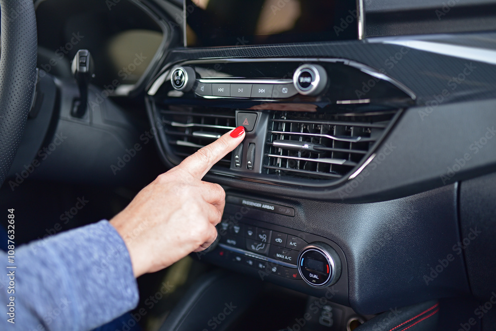 Fototapeta premium Activating the hazard warning light in a passenger car