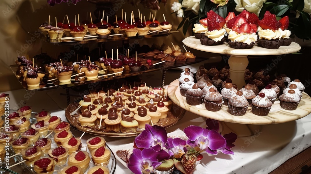 Naklejka premium A decadent dessert platter showcasing an assortment of miniature cheesecakes, chocolate truffles