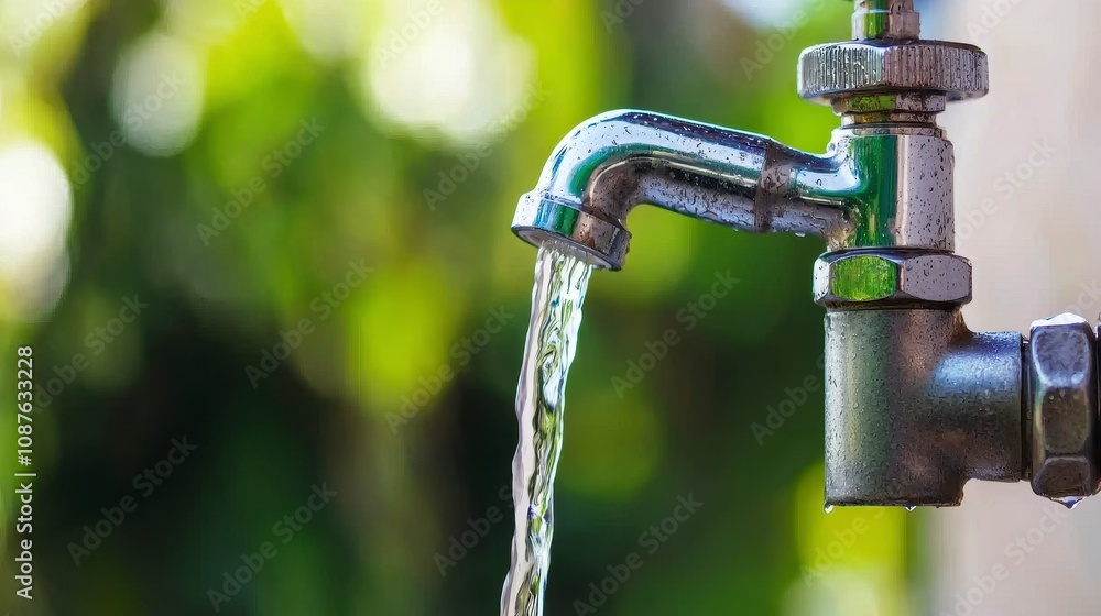 Water faucet with flowing water under natural light Water faucet with flowing water under natural light