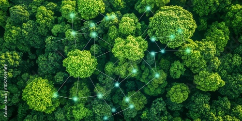 Aerial view of a green forest, highlighting the concept of green tech and its role in ecology and environmental technology. Discover how green transformation connects with GX and SDGs.
