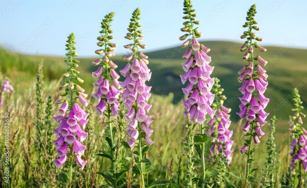 A field of blooming foxglove flowers in a natural landscape under a clear sky. A field of blooming foxglove flowers in a natural landscape under a clear sky.