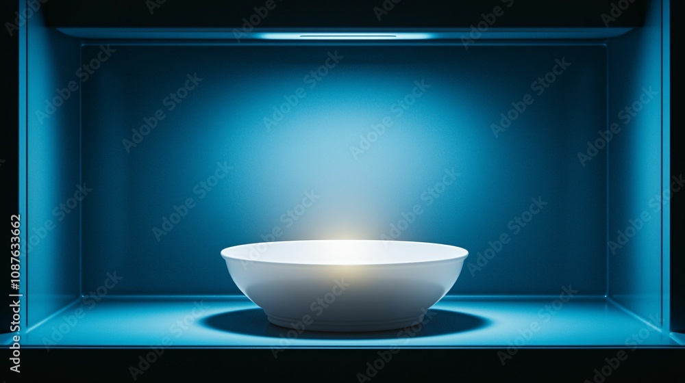 Microwave reheat. A minimalist bowl illuminated in a soft blue light, creating a serene and modern aesthetic. Microwave reheat. A minimalist bowl illuminated in a soft blue light, creating a serene and modern aesthetic.