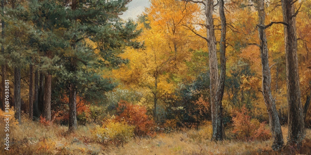 Fototapeta premium Vibrantly colored forest in autumn showcases a stunning array of green, yellow, and brown foliage. This autumn scene features mixed trees that create a picturesque woodland atmosphere.