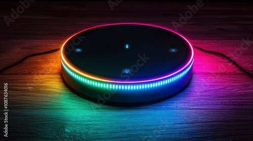 Smart speaker with colorful lights and modern design on wooden surface photo