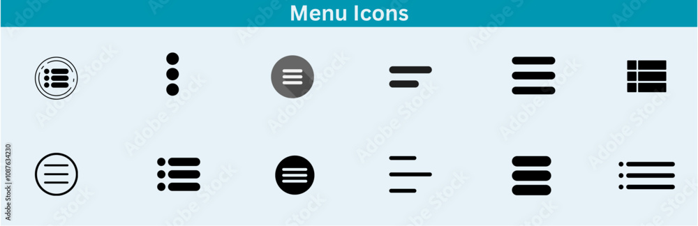 Hamburger menu icons set for web and mobile apps. Includes vector buttons for website UI navigation, featuring hamburger or burger line menu icons for home, drop-down lists, application drawers,