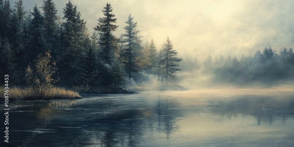 Fototapeta premium Early morning scene captures the tranquility before the fog lifts from the water s surface, showcasing the serene beauty of the early morning and the calming effect of fog on the water.