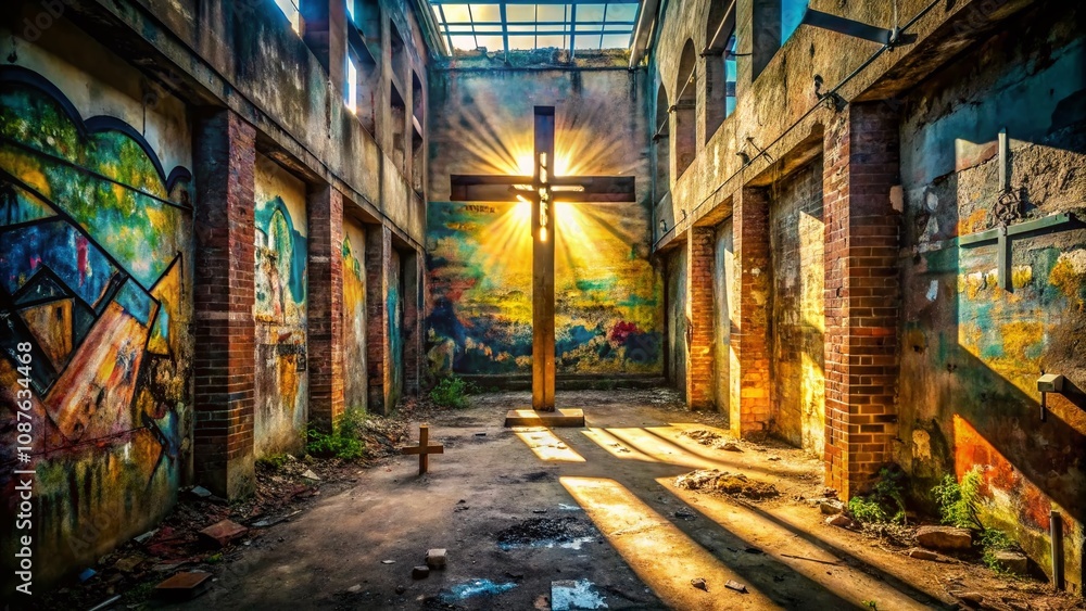 Fototapeta premium Urban Exploration Photography Depicting the Journey of the Cross of Christ Through Abandoned Cityscapes and Historic Urban Environments for Spiritual Reflection and Contemplation