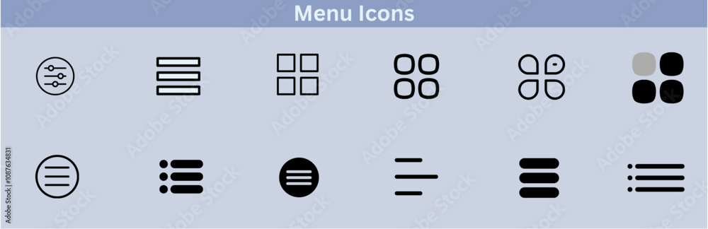 Hamburger menu icons set for web and mobile apps. Includes vector buttons for website UI navigation, featuring hamburger or burger line menu icons for home, drop-down lists, application drawers, Hamburger menu icons set for web and mobile apps. Includes vector buttons for website UI navigation, featuring hamburger or burger line menu icons for home, drop-down lists, application drawers,