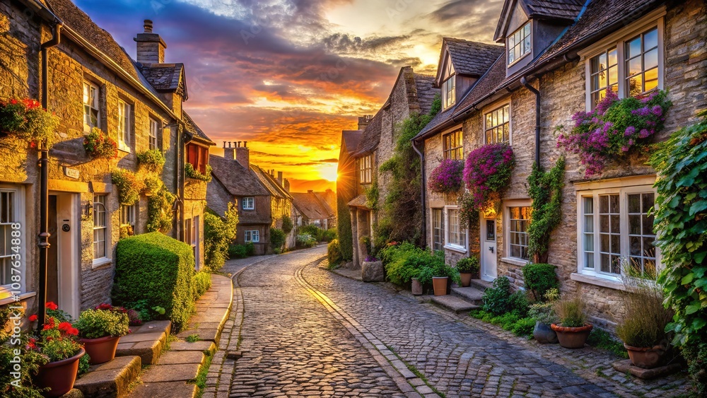 Obraz premium Sun-kissed buildings line the street, a golden hour village scene.