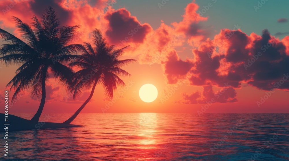 Tropical Sunset Paradise Ocean, Palm Trees, and Vibrant Sky Tropical Sunset Paradise Ocean, Palm Trees, and Vibrant Sky