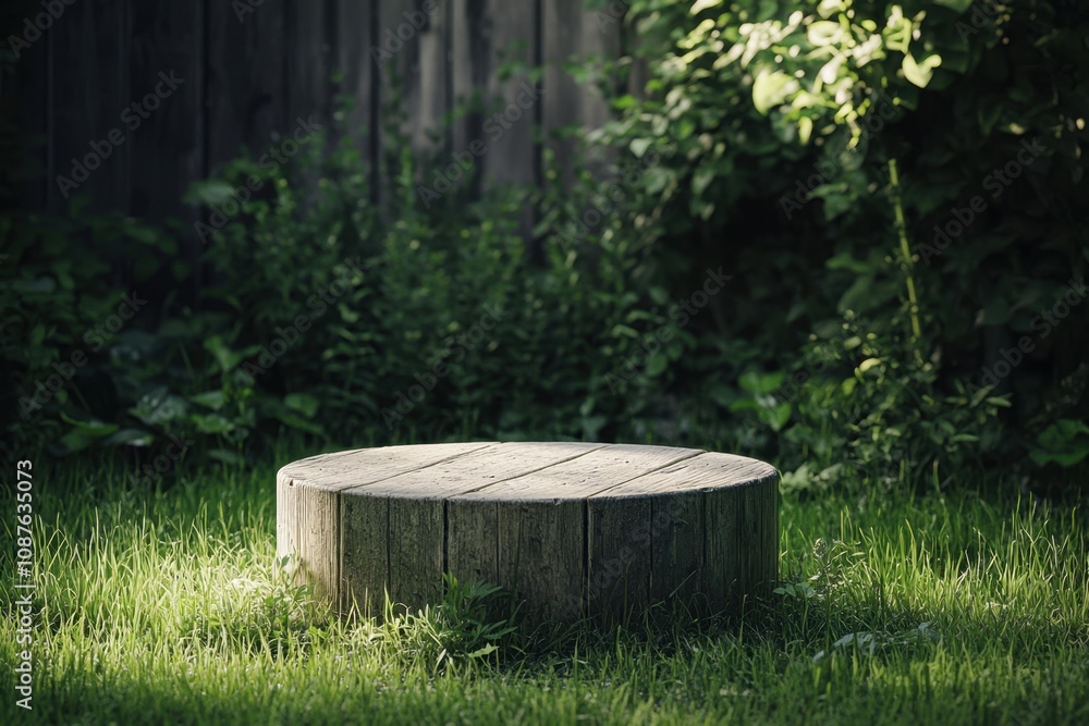 Fototapeta premium Wooden platform surrounded by lush greenery natural setting tranquil environment scenic view