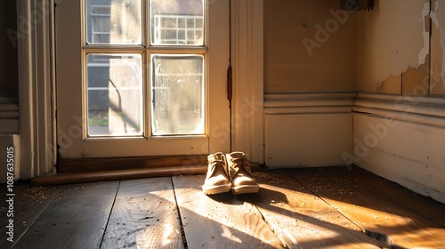 A pair of childrena??s shoes left by the front door, with sunlight streaming through a nearby window. photo