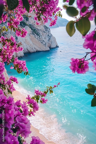 Fototapeta Naklejka Na Ścianę i Meble -  Gorgeous beaches Greece, Porto Katsiki in Lefkada, showcasing stunning flowers and a serene landscape.