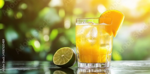 A refreshing glass of orange drink with ice and a lime, set against a lush green background.