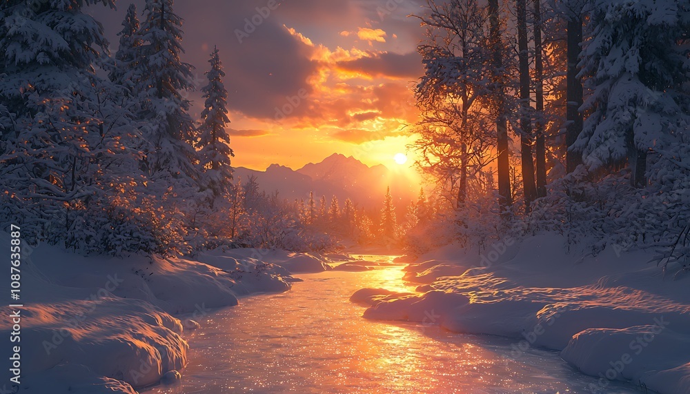 A captivating winter landscape with a majestic sunset over a winter forest in the Alps, showcasing sunlight sparkling on the snow-covered ground. A captivating winter landscape with a majestic sunset over a winter forest in the Alps, showcasing sunlight sparkling on the snow-covered ground.