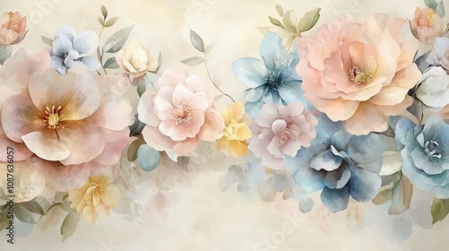 A mural-style backdrop with large, watercolor-inspired pastel blooms--delicate pinks, soft blues, and pale yellows--floating effortlessly against a light beige canvas. 