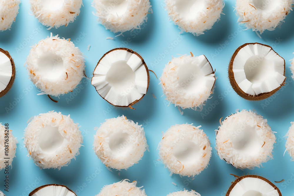 Freshly Cut Coconut Halves With Shredded Coconut On Light Blue Background Showcasing Tropical Delight and Culinary Inspiration For Creative Projects Freshly Cut Coconut Halves With Shredded Coconut On Light Blue Background Showcasing Tropical Delight and Culinary Inspiration For Creative Projects