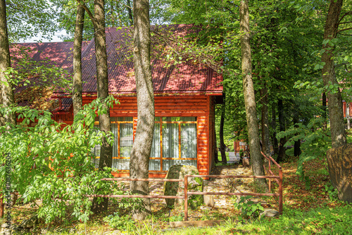 Obraz na płótnie Wooden house in green forest in summer day. w salonie