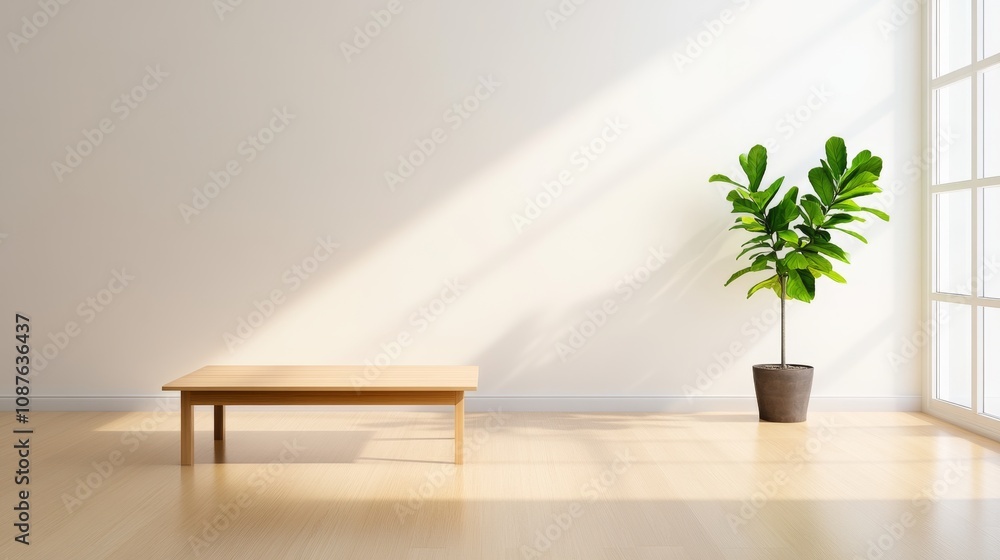 A simple, serene living room with a light wooden coffee table and a single potted plant in the corner. The room is filled with natural light from a large window. A simple, serene living room with a light wooden coffee table and a single potted plant in the corner. The room is filled with natural light from a large window.