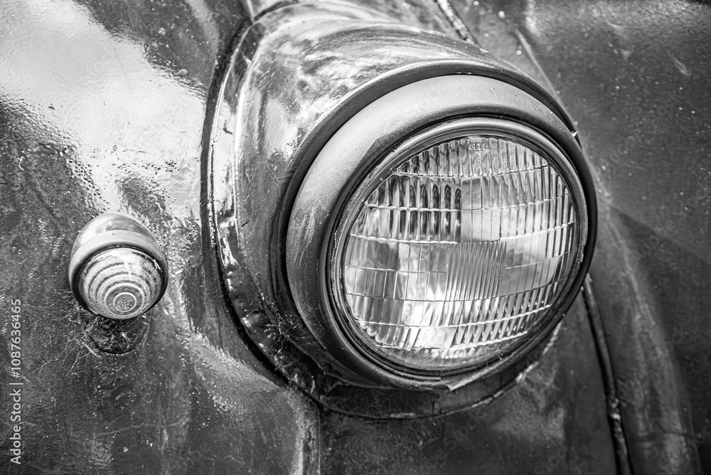 Round glass headlight of an old retro car.