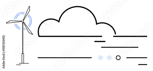 Wind turbine with rotating blades next to a cloud and horizontal airflow lines. Ideal for clean energy, sustainability, environment, green technology, climate action, renewable resources, future