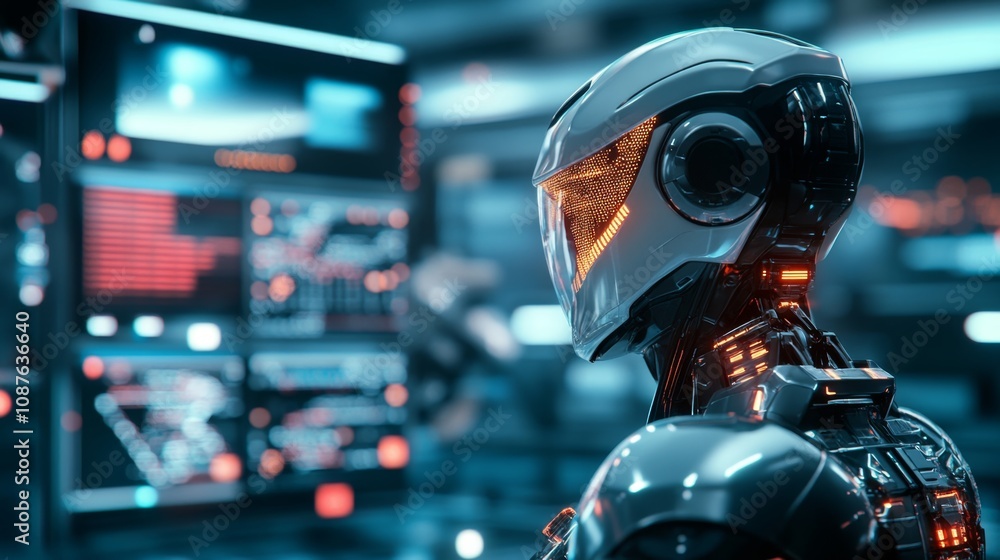 AI-powered robot in a factory, performing intricate tasks with precision. The robot has a polished metallic exterior with glowing joints and sensors, reflecting the ambient light from overhead. AI-powered robot in a factory, performing intricate tasks with precision. The robot has a polished metallic exterior with glowing joints and sensors, reflecting the ambient light from overhead.
