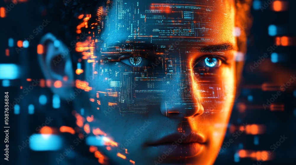 Close-up of a human face, with cybernetic implants and glowing neon tattoos, surrounded by a holographic interface. The face has intricate robotic details, metallic skin, and high-tech eyes. Close-up of a human face, with cybernetic implants and glowing neon tattoos, surrounded by a holographic interface. The face has intricate robotic details, metallic skin, and high-tech eyes.