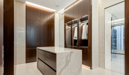 Bright and modern closet interior with dark wood finishes central island and natural light luxury dressing room with functional design