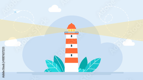 Lighthouse nautical to navigation. Cartoon nautical navigation light tower, lighthouse beacon and light house symbol, marine seaside architecture flat style. Shore light beacon. Vector illustration