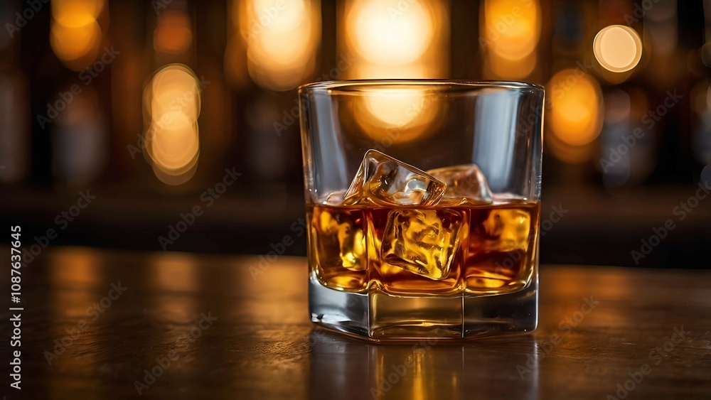 Glass of Whiskey with Ice on a Wooden Bar Counter in a Warm, Ambient Setting Glass of Whiskey with Ice on a Wooden Bar Counter in a Warm, Ambient Setting