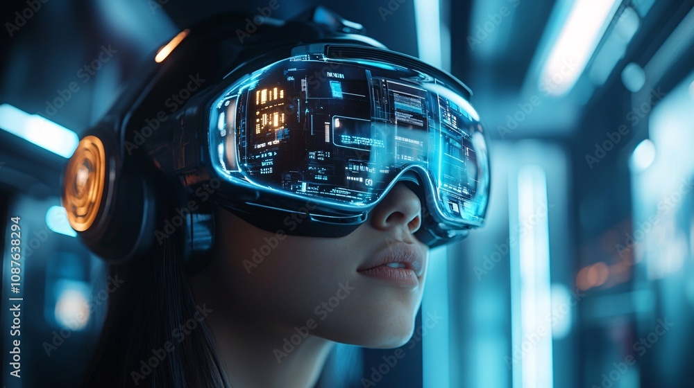 A futuristic woman wearing advanced VR goggles, immersed in a digital environment, showcasing the intersection of technology and human experience. A futuristic woman wearing advanced VR goggles, immersed in a digital environment, showcasing the intersection of technology and human experience.