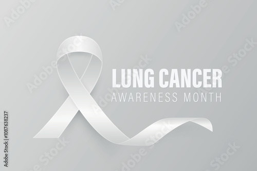Vector Realistic Lung Cancer Awareness Banner With White Ribbon. Realistic White Ribbon on Gray Background. Lung Cancer Support Symbol. Medical Banner, Health Campaign. White Ribbon Loop Illustration