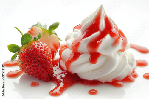 Delicious whipped cream topped with strawberry sauce and fresh strawberries, creating tempting dessert. Perfect for sweet cravings and summer treats