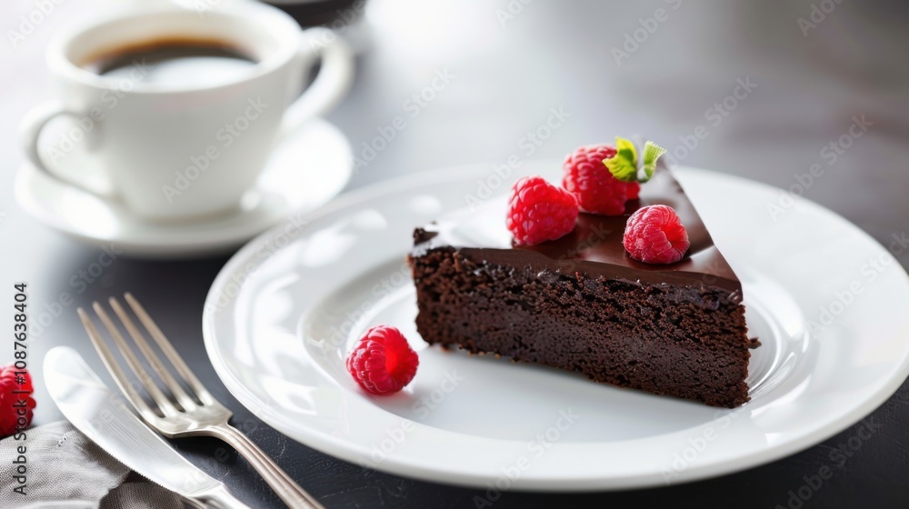 A decadent slice of flourless chocolate cake with a rich ganache topping and raspberries, served on a white plate A decadent slice of flourless chocolate cake with a rich ganache topping and raspberries, served on a white plate