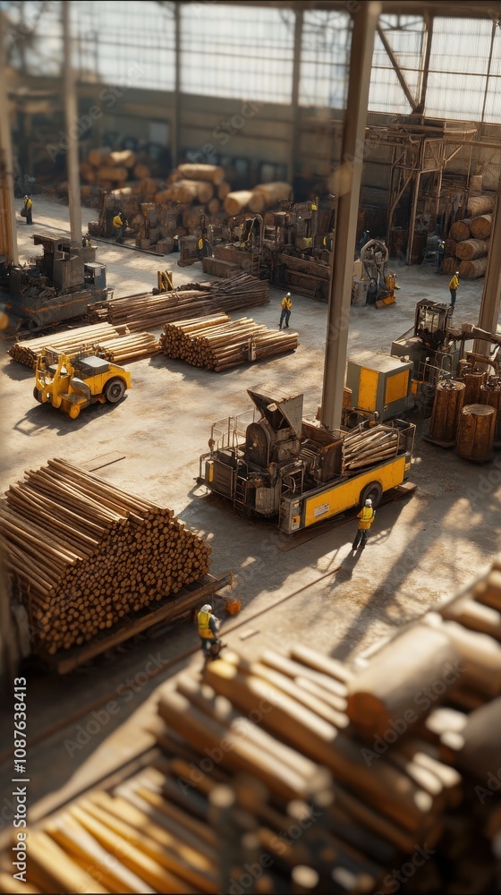 Workers and machinery efficiently sort and move logs in a wood processing factory environment Workers and machinery efficiently sort and move logs in a wood processing factory environment