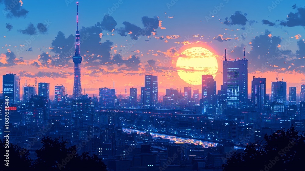 Obraz premium A vibrant cityscape at sunset, featuring a skyline with skyscrapers, a prominent tower, and a colorful sky filled with clouds.
