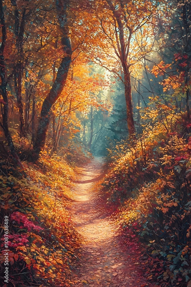 Obraz premium Enchanting woodland hiking trail in an autumn forest, bathed in warm sunlight. A popular travel destination.