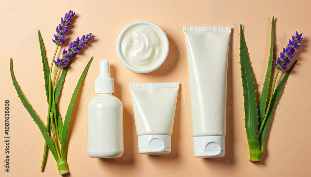 Skincare products including lotion, cream, and oil surrounded by aloe vera and lavender flowers, natural and soothing arrangement Skincare products including lotion, cream, and oil surrounded by aloe vera and lavender flowers, natural and soothing arrangement