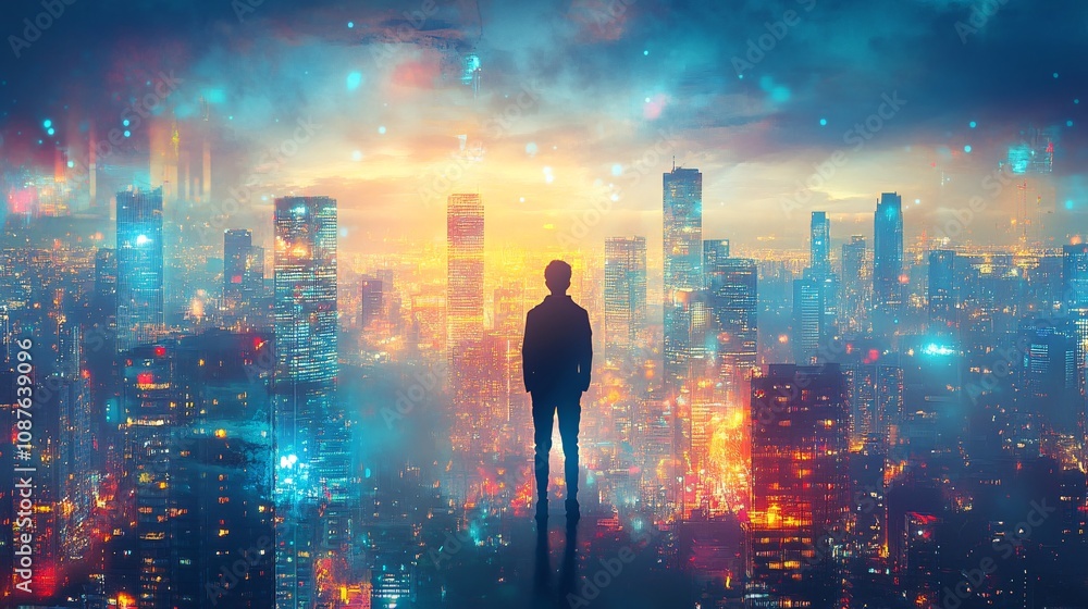 A silhouette of a person stands against a vibrant, futuristic cityscape filled with colorful lights and a dramatic sky. A silhouette of a person stands against a vibrant, futuristic cityscape filled with colorful lights and a dramatic sky.