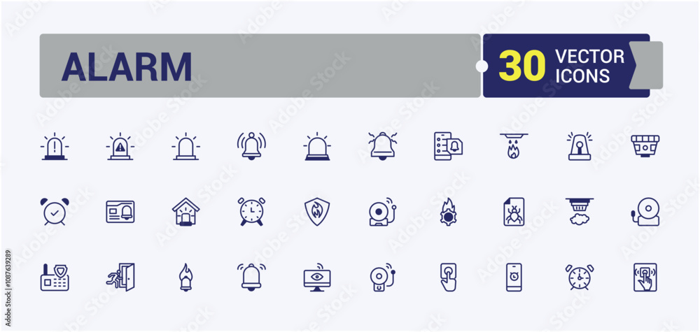Set of Alarm line icons. Contains such icons as fire alarm, bell, alarm clock, risk, ring, warn, timer, attention. Modern thin icons. Vector illustration in modern line style. Set of Alarm line icons. Contains such icons as fire alarm, bell, alarm clock, risk, ring, warn, timer, attention. Modern thin icons. Vector illustration in modern line style.