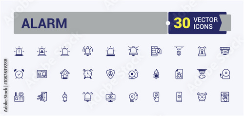 Set of Alarm line icons. Contains such icons as fire alarm, bell, alarm clock, risk, ring, warn, timer, attention. Modern thin icons. Vector illustration in modern line style. photo