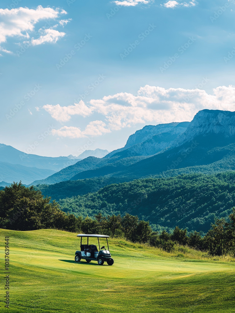 Scenic Golf Course with Mountain View - Golf cart on a green hill overlooking majestic mountains under a vibrant blue sky. Luxury, relaxation, nature, adventure, escape. Scenic Golf Course with Mountain View - Golf cart on a green hill overlooking majestic mountains under a vibrant blue sky. Luxury, relaxation, nature, adventure, escape.