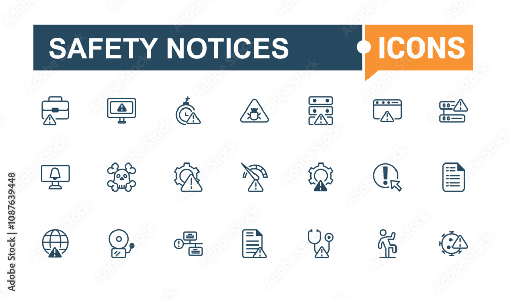 Safety Notices icons in linear style. Featuring warning, attention, risk, information, caution and more. Modern thin icons. Solid line editable stroke. Safety Notices icons in linear style. Featuring warning, attention, risk, information, caution and more. Modern thin icons. Solid line editable stroke.