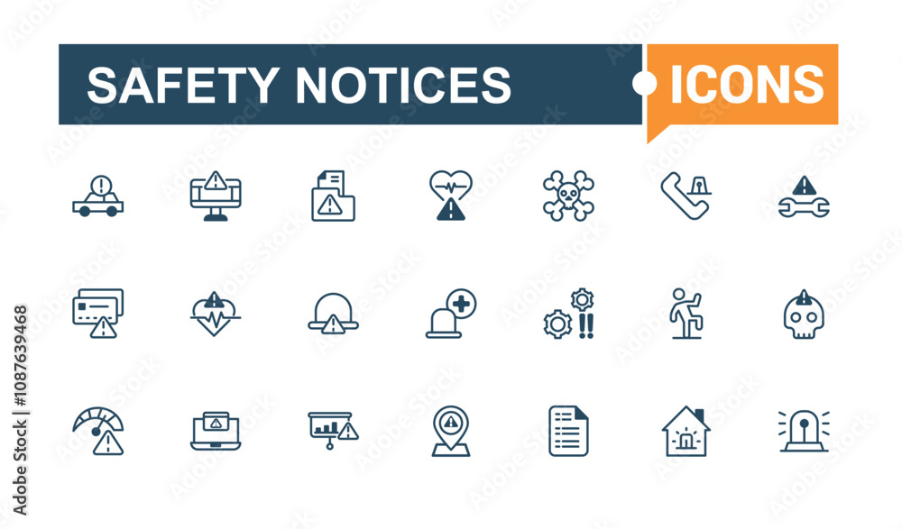 Safety Notices icons in linear style. Featuring warning, attention, risk, information, caution and more. Modern thin icons. Solid line editable stroke. Safety Notices icons in linear style. Featuring warning, attention, risk, information, caution and more. Modern thin icons. Solid line editable stroke.