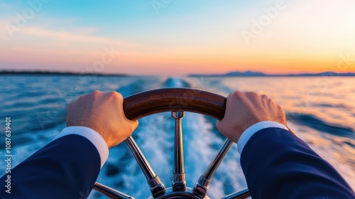 Envision a ship captain steering a vessel across calm seas toward a distant horizon