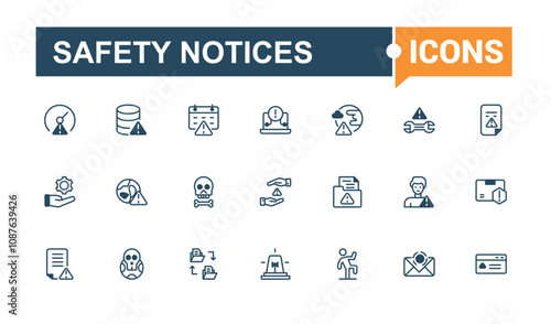 Safety Notices icons in linear style. Featuring warning, attention, risk, information, caution and more. Modern thin icons. Solid line editable stroke.
