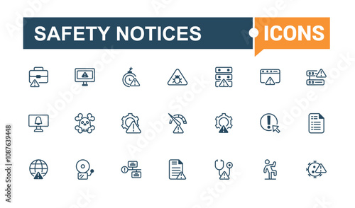 Safety Notices icons in linear style. Featuring warning, attention, risk, information, caution and more. Modern thin icons. Solid line editable stroke.