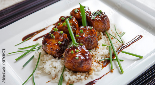 Ris de Veau (Pães doces) com glacê de tamarindo em arroz guarnecido com cebolinha photo